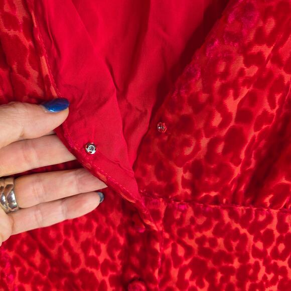 KOOPLES SZ2 NWT burnout Velvet texture Red Leopard V neck Buttondown sexy dress - Picture 16 of 16